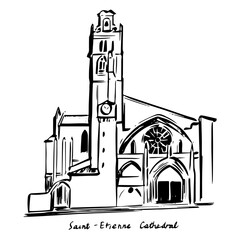 Detailed black and white ink illustration of Saint-Étienne Cathedral in Toulouse, France — fine architectural line art showing Gothic façade, arches, and tower in elegant hand-drawn sketch style