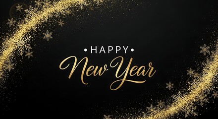 Elegant golden glittering snowflake border on a dark black background with happy new year text for festive celebrations and holiday greetings
