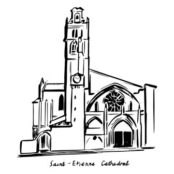 Detailed black and white ink illustration of Saint-&Eacute;tienne Cathedral in Toulouse, France &mdash; fine architectural line art showing Gothic fa&ccedil;ade, arches, and tower in elegant hand-drawn sketch style