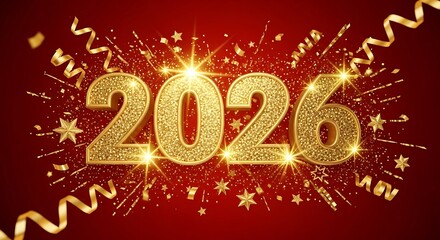 Golden 2026 numbers illuminated by sparkling fireworks and confetti on a rich red background celebrating the upcoming new year with festive light and celebratory elements