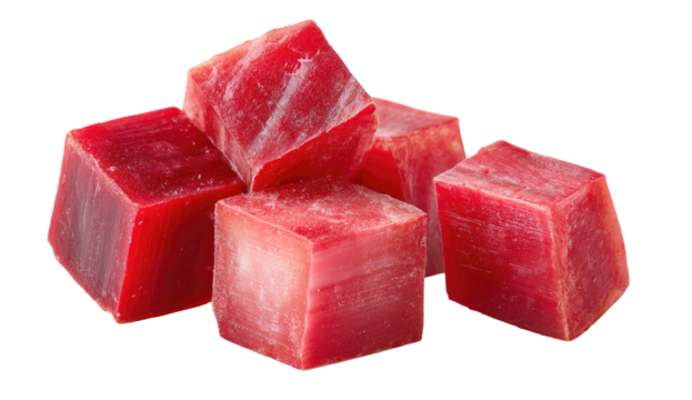 Ruby red cubes of raw fish, artfully arranged against a stark background