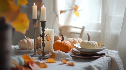 Cozy autumn still life with pumpkins candle and fallen leaves decor