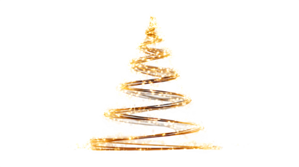 Glowing Christmas tree made of twinkling fairy lights arranged in a spiral pattern, soft golden illumination on a clean white background