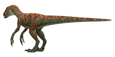 Illustration of a green dinosaur with red patterns.