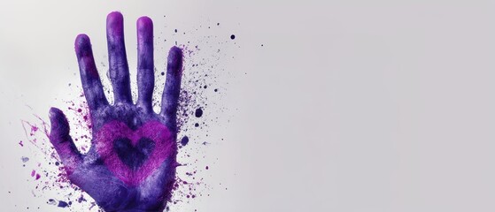Purple painted hand with heart symbol as a sign of protest and support against gender-based violence