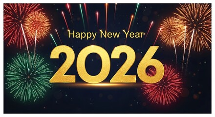 Golden 2026 numerals illuminated against a dark night sky with vibrant exploding fireworks and celebratory streamers marking the happy new year
