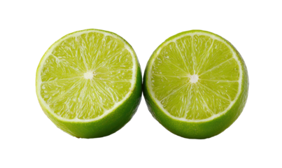 Two bright green lime halves with vibrant white pulp and segments