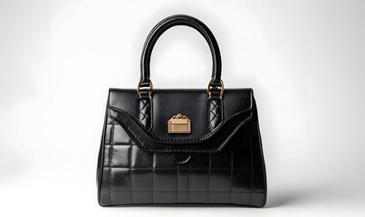 Black quilted handbag with curved flap and gold clasp on smooth leather base