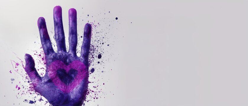 Purple painted hand with heart symbol as a sign of protest and support against gender-based violence