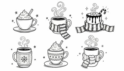 A charming hand-drawn collection of cozy winter mugs filled with hot chocolate and coffee, adorned with festive scarves and toppings