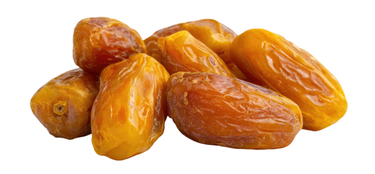 A cluster of plump, golden-brown dates, dried and ripe