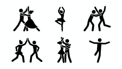 A minimalist set of stick figure pictograms illustrating various dance poses and celebratory movements for couples and individuals