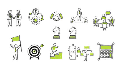 A comprehensive set of hand-drawn doodle icons illustrating core business concepts like strategy, teamwork, goal setting, and financial planning