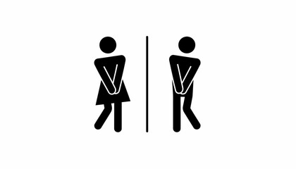 A humorous vector graphic of man and woman icons desperately needing the restroom, symbolizing a bathroom emergency