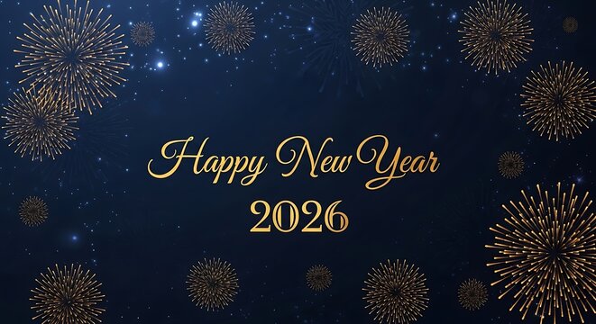 Golden happy new year 2026 text with sparkling fireworks on a dark blue background celebrating the upcoming year with festive explosions of light and color - Powered by Adobe