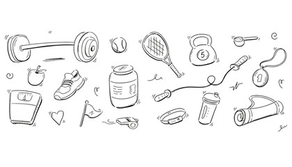 Hand-drawn doodle collection of sports equipment and fitness icons for a healthy lifestyle. Vector sketch illustration set