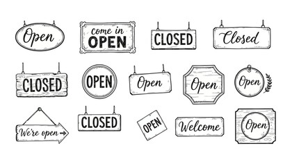 A collection of hand-drawn vintage open and closed signs for businesses. Sketch style vector illustration set