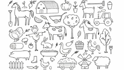 Hand-drawn collection of farm life doodles featuring animals, barn, tractor, and crops. Vector outline illustration set for coloring