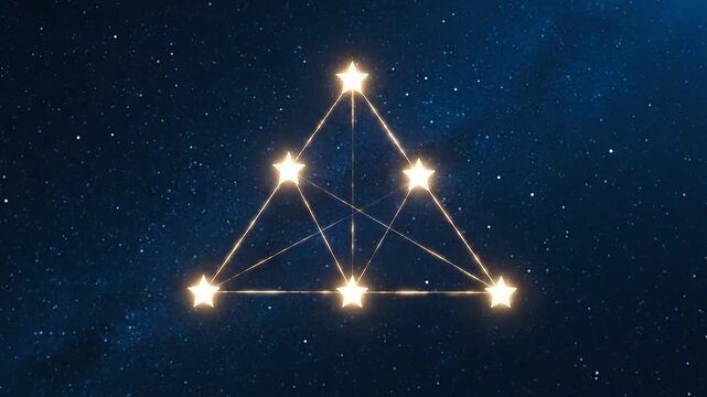 Interconnected glowing stars forming a geometric triangular constellation against a starry night sky
