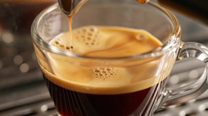 Close-up of espresso pouring from a coffee machine into a glass cup. Rich dark coffee with a thick golden crema rising. Making a fresh morning beverage - Powered by Adobe