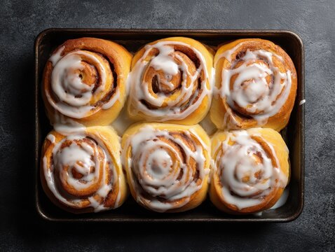Six freshly baked cinnamon rolls with white icing in a dark metal baking pan pastry sweet - Powered by Adobe