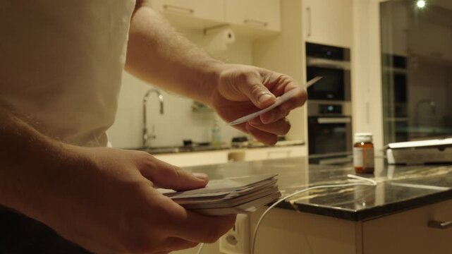 A man practices and tests himself using flashcards &mdash; concept of self-learning, memorization, and effective study methods.