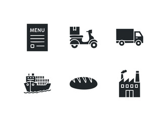 Collection of six black icons representing food service delivery logistics manufacturing and ocean transport