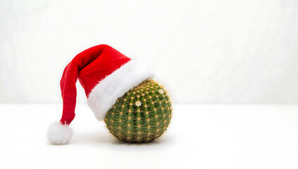 a cute round green cactus wearing a festive red Santa hat, combining desert plant aesthetics with playful holiday cheer, presented on a clean white background for a fun seasonal decorative concept
