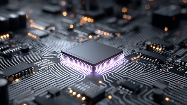 Glowing purple microchip close up on electronic circuit board futuristic technology background for AI data processing cybersecurity innovation and digital computing hardware