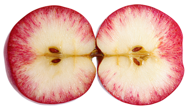 Two halves of a red apple, revealing white flesh and seeds