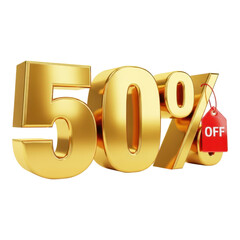 Golden 50 percent off with red tag isolated on transparent background, sale