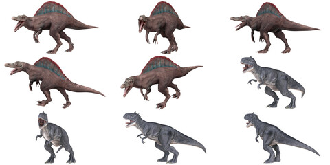 Illustration of fierce dinosaurs in dynamic poses.