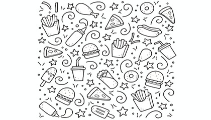 Hand-drawn doodle pattern of various fast food items. A whimsical collection of junk food icons like burgers, fries, and pizza in a line art style