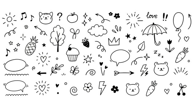 A whimsical collection of hand-drawn doodle elements, featuring cute icons, symbols, and nature sketches for creative projects