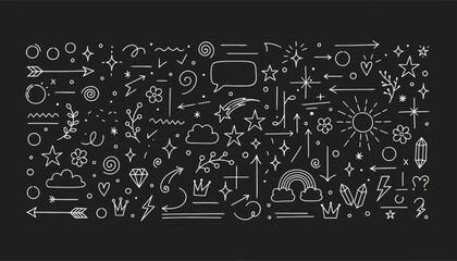 A large collection of hand-drawn whimsical doodle elements including arrows, stars, and swirls for creative design
