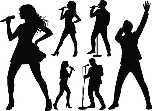 Silhouette singers performing on stage, microphone poses, dynamic concert energy, male and female vocalists, music entertainment, live show illustration