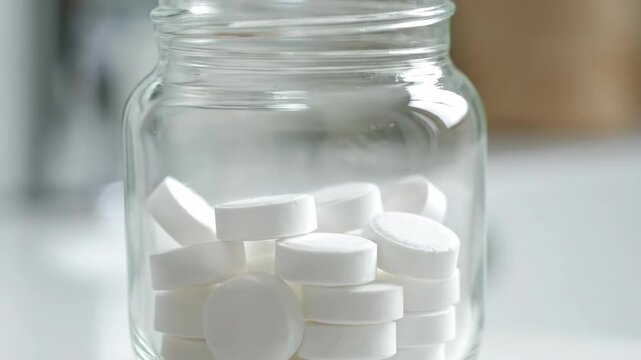 White tablets are dropped into a clear glass jar. Close-up of pills, vitamins, or health supplements. Daily medication and healthcare concept