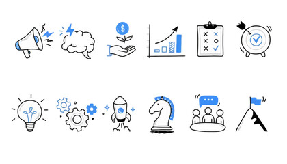 A versatile collection of doodle icons illustrating core business concepts for startup success, from brainstorming to market launch © Jonathan
