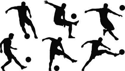 Soccer player silhouette, football action pose, black athlete icon, dynamic movement, sports vector, kicking ball, dribbling, striking, competitive energy