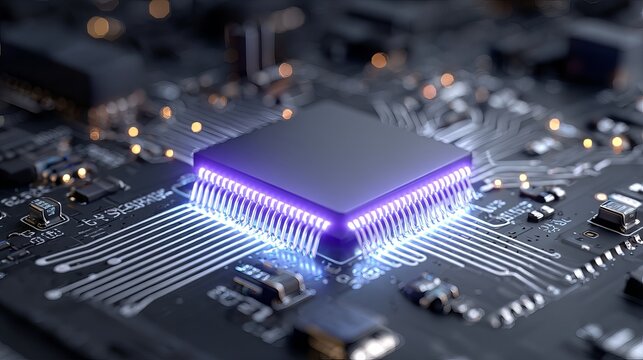 Glowing purple microchip close up on electronic circuit board futuristic technology background for AI data processing cybersecurity innovation and digital computing hardware