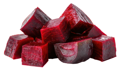 Deep red, cubed root vegetable pieces piled together