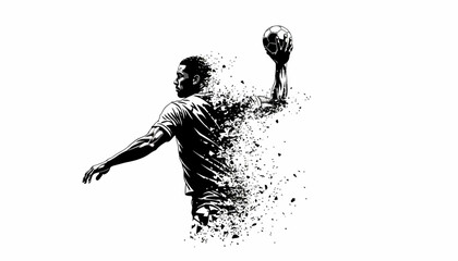 Monochrome vector illustration of a powerful handball athlete captured in a moment of explosive motion with a shatter effect