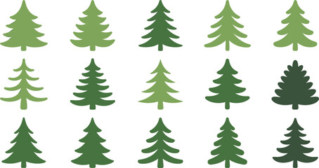 Stylized evergreen tree icons, green pine shapes, nature graphic set, forest design elements, seasonal illustration, decorative foliage, vector trees