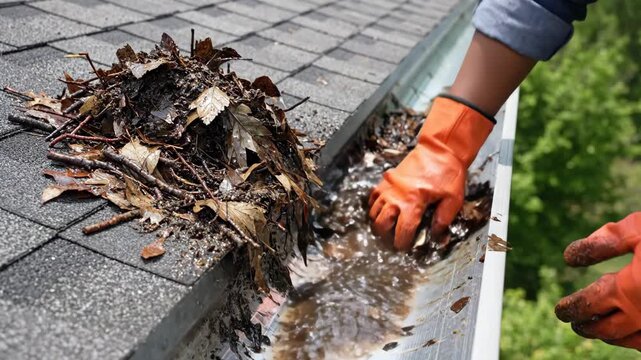 A person wearing gloves cleans a clogged house gutter by hand. Removing wet leaves and debris from the roof. Seasonal home maintenance and property upkeep