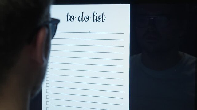 A man looks at a digital to-do list displayed on a screen &mdash; concept of productivity, organization, planning, and digital workflow.