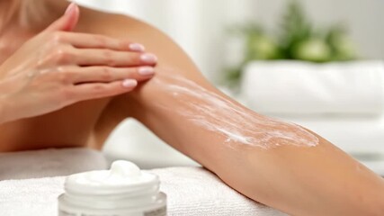 A woman applies moisturizing cream to her arm. Close-up of a hand smoothing body lotion onto the skin. Skincare, beauty, and self-care routine