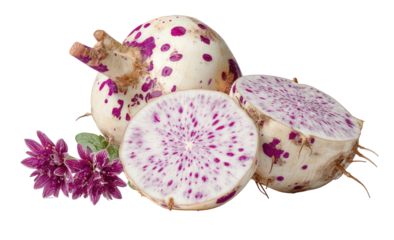 Dotted root vegetables with purple speckles and flowers