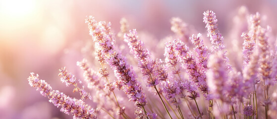 Soft sunlight over blooming lavender field creates serene atmosphere, highlighting delicate purple flowers swaying gently in breeze. Nature beauty captivates senses