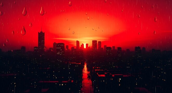 Dark red sky with red rain dorp 