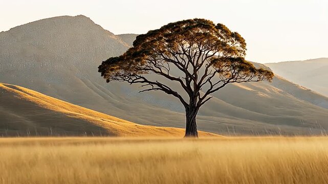 single majestic tree stands tall in a vast golden grassland, backed by rolling mountains under warm, tranquil sunset light, evoking natural beauty and peace